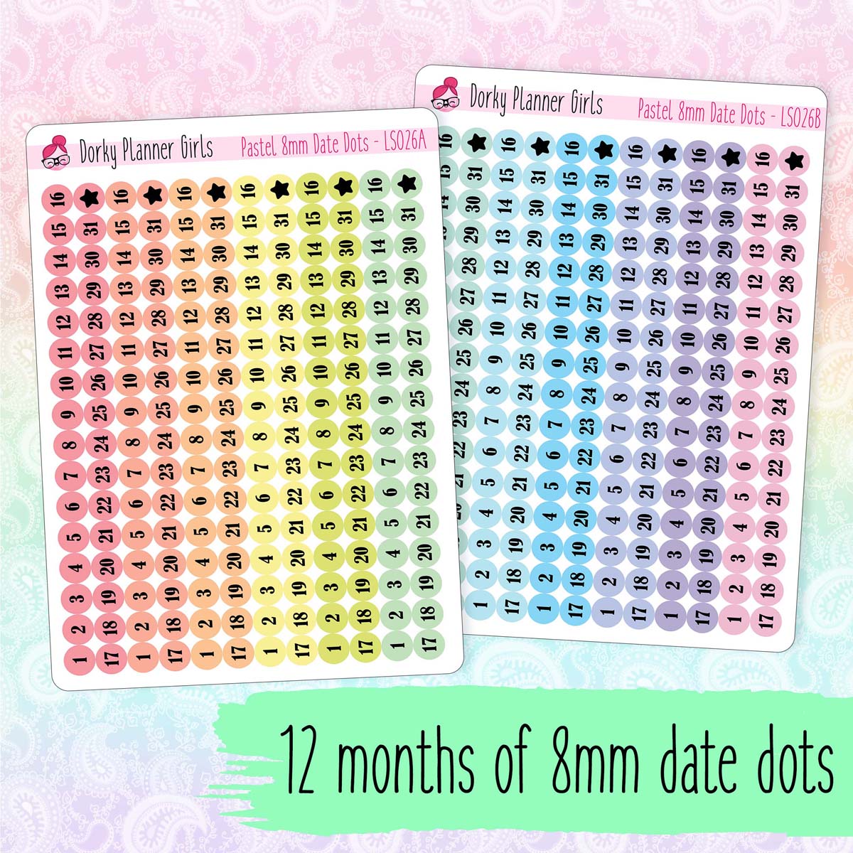 8mm Date Dot Stickers - Pastel Rainbow